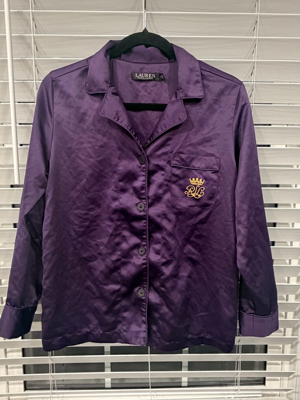Ralph Lauren Purple Satin Button-Down with Gold Crest pajama top